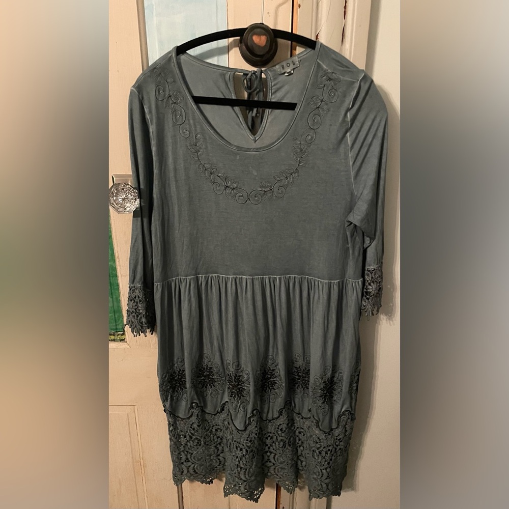 POL Slate Blue Jersey & Lace Trim Women's Dress